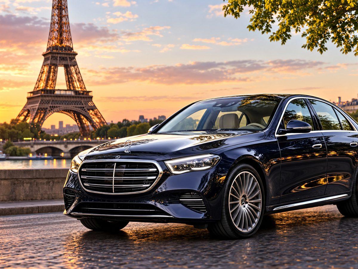 Berline MO DRIVERS devant la Tour Eiffel, chauffeur privé Paris